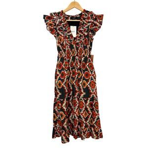 o,p.t Avant Garde Print Cotton Pockets Smocked Waist Casual Midi Dress XS